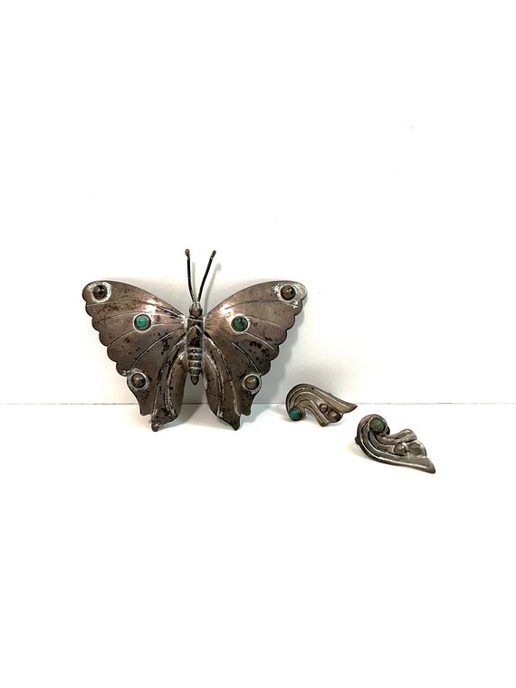 Vintage Silver Butterfly Brooch and Earring Set, … - image 3