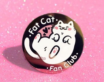 Fat Cat Fan Club Hard Enamel Pin | White Kitty Lapel Pin | Cute Pastel Pink Gold Pin