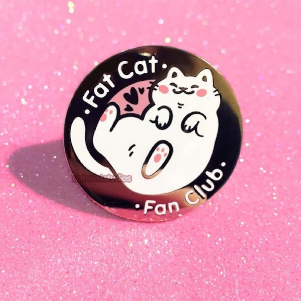 Fat Cat Fan Club Hard Enamel Pin | White Kitty Lapel Pin | Cute Pastel Pink Gold Pin