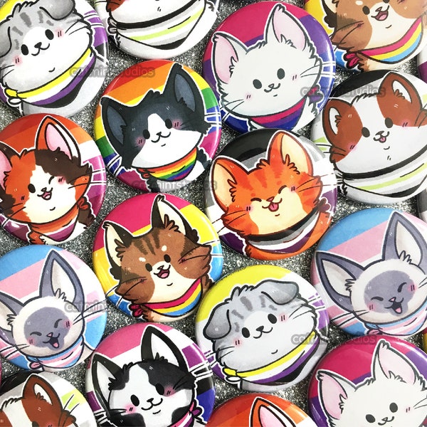 Pride Kitties Buttons (1.5 in) | Cute Cats Pride Flag Pinback Button Set | LGBT LGBTQ LGBTQIA