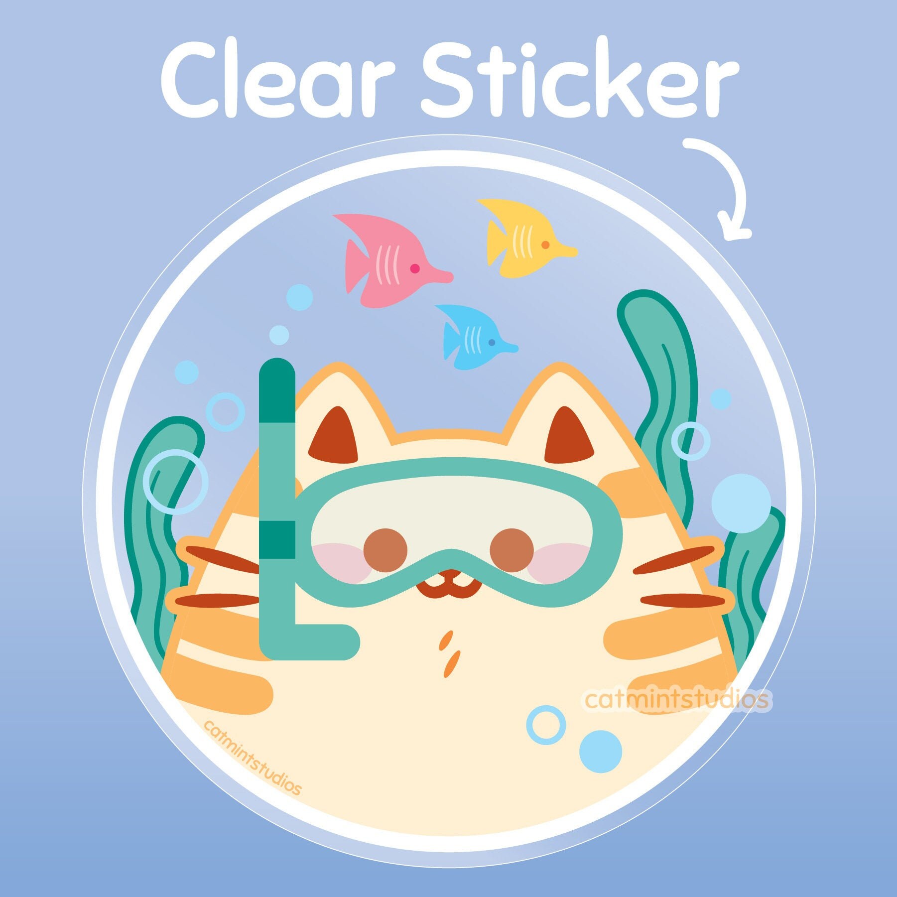 Scuba Cat Clear Sticker | Diecut Waterproof Transparent Stickers | Summer Kitty Fish Label