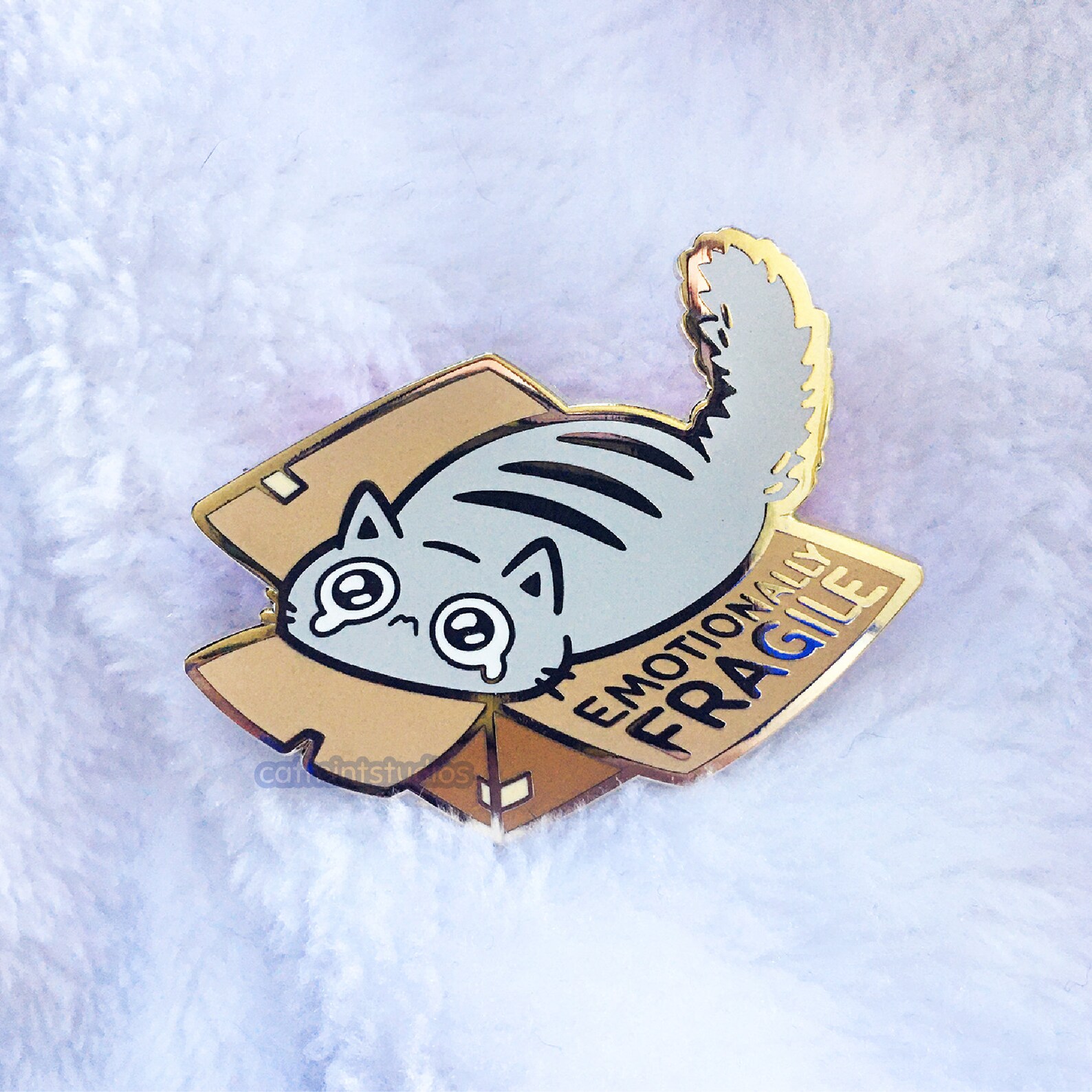 Emotionally Fragile Hard Enamel Pin | Cute Self Care Anxiety Lapel Pin | Kawaii Box Cat Crying Kitty