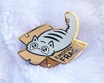 Emotionally Fragile Hard Enamel Pin | Cute Self Care Anxiety Lapel Pin | Kawaii Box Cat Crying Kitty