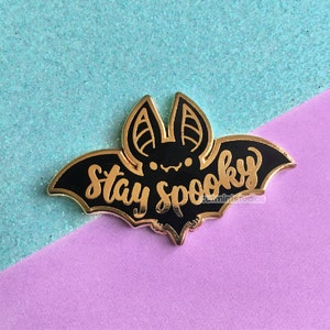 Stay Spooky Bat Hard Enamel Pin | Cute Goth Lapel Pin | Halloween Black Bats Pin