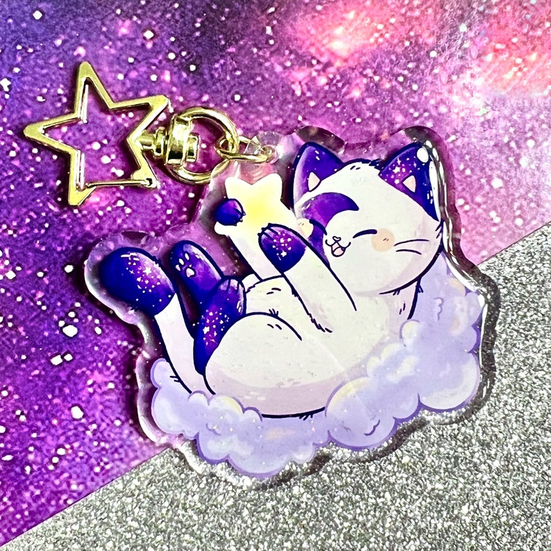 Starry Kitties Acrylic Keychains 2.5 in Double-Sided Galaxy Cats Cute Cosmic Keychain Kawaii Space Kitty Glitter Jumbo Charm image 3