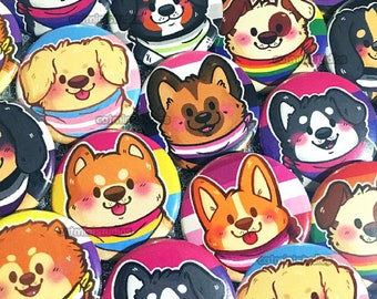 Pride Puppies Buttons (1.5 in) | Cute Dogs Pride Flag Pinback Button Set | LGBT LGBTQ LGBTQIA