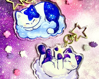 Starry Kitties Acrylic Keychains | 2.5 in Double-Sided Galaxy Cats | Cute Cosmic Keychain | Kawaii Space Kitty Glitter Jumbo Charm