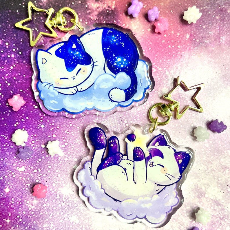 Starry Kitties Acrylic Keychains 2.5 in Double-Sided Galaxy Cats Cute Cosmic Keychain Kawaii Space Kitty Glitter Jumbo Charm image 1