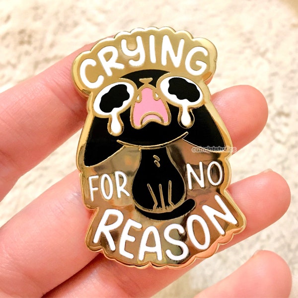 Crying For No Reason Hard Enamel Pin | Cute Black Cat Anxiety Lapel Pin | Kawaii Kitty Cry Mental Health
