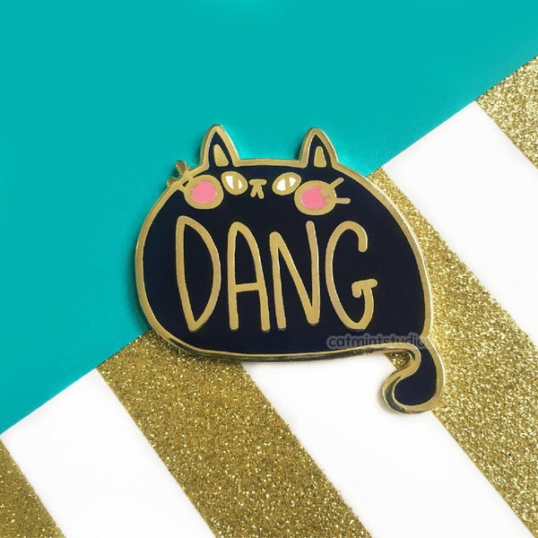 Dang Cat Hard Enamel Pin | Fat Black Kitty Lapel Pin | Cute Round Angry Cats Gold Pin