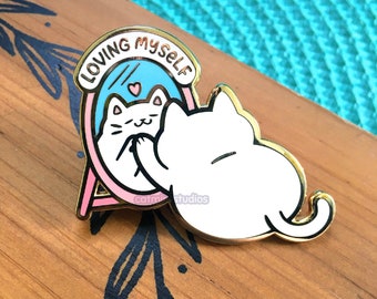 Loving Myself Hard Enamel Pin | Cute Self Care Lapel Pin | Kawaii Fat Cat Pastel Kitty