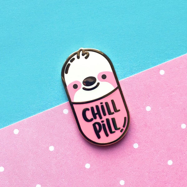 Chill Pill Hard Enamel Pin | Sloth Lapel Pin | Cute Kawaii Pastel Pink Medicine Pin