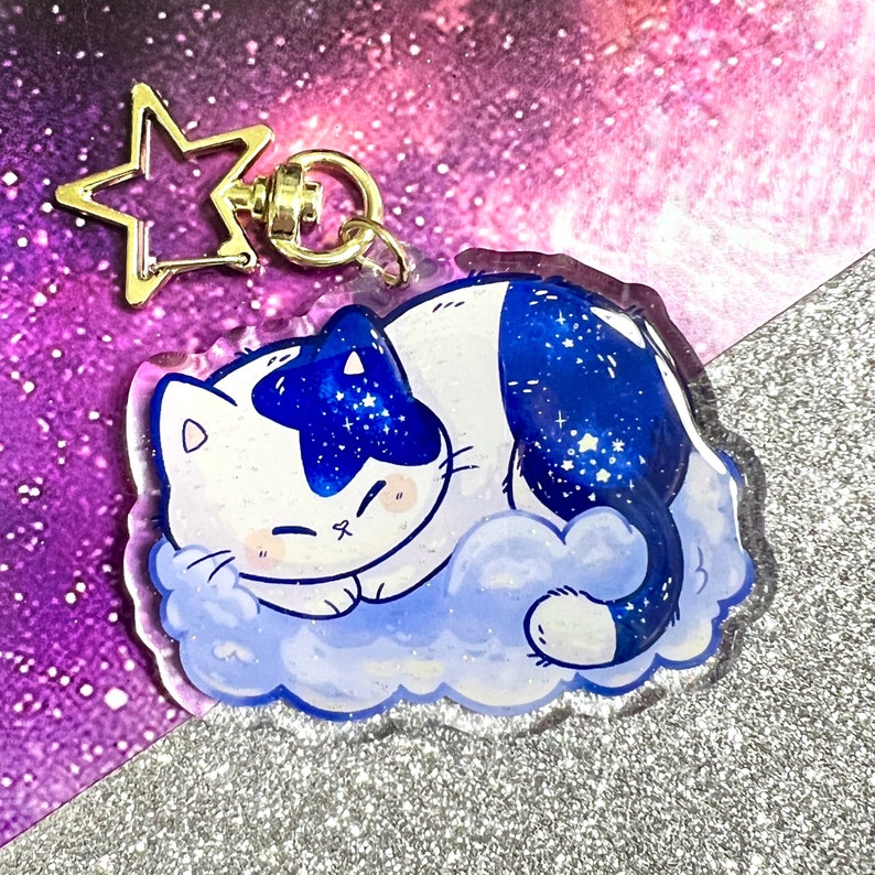 Starry Kitties Acrylic Keychains 2.5 in Double-Sided Galaxy Cats Cute Cosmic Keychain Kawaii Space Kitty Glitter Jumbo Charm image 2