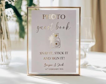 写真付きゲストブックサイン、本物の金箔ウェディング、スナップイットデコレーション