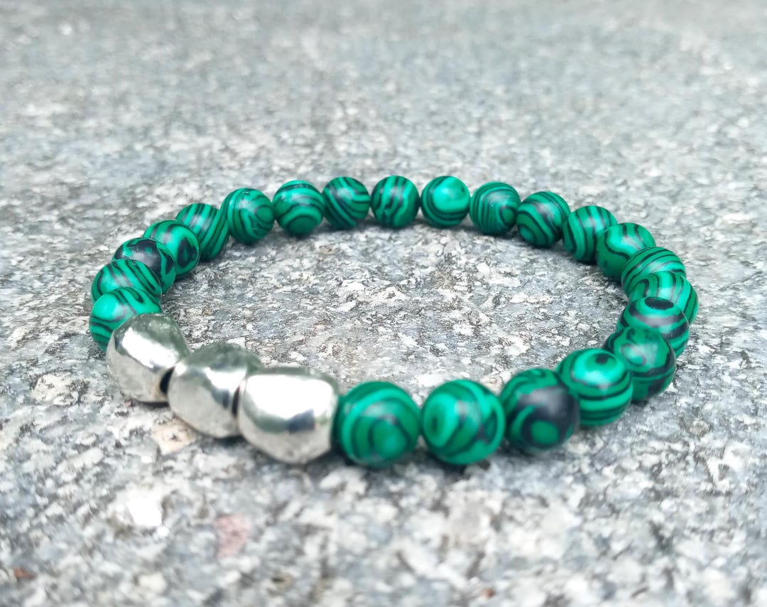 Good Luck Bracelet, Green Damascus Marble 8mm Bead Bracelet, Steel Bead ...