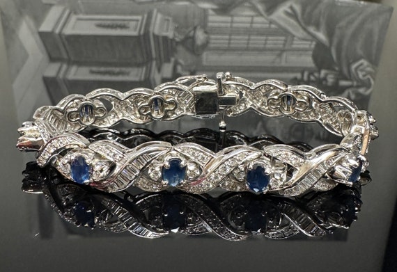 Exquisite SAPPHIRE & Diamond Bracelet 14k White G… - image 2