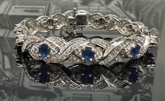 Exquisite SAPPHIRE & Diamond Bracelet 14k White G… - image 6