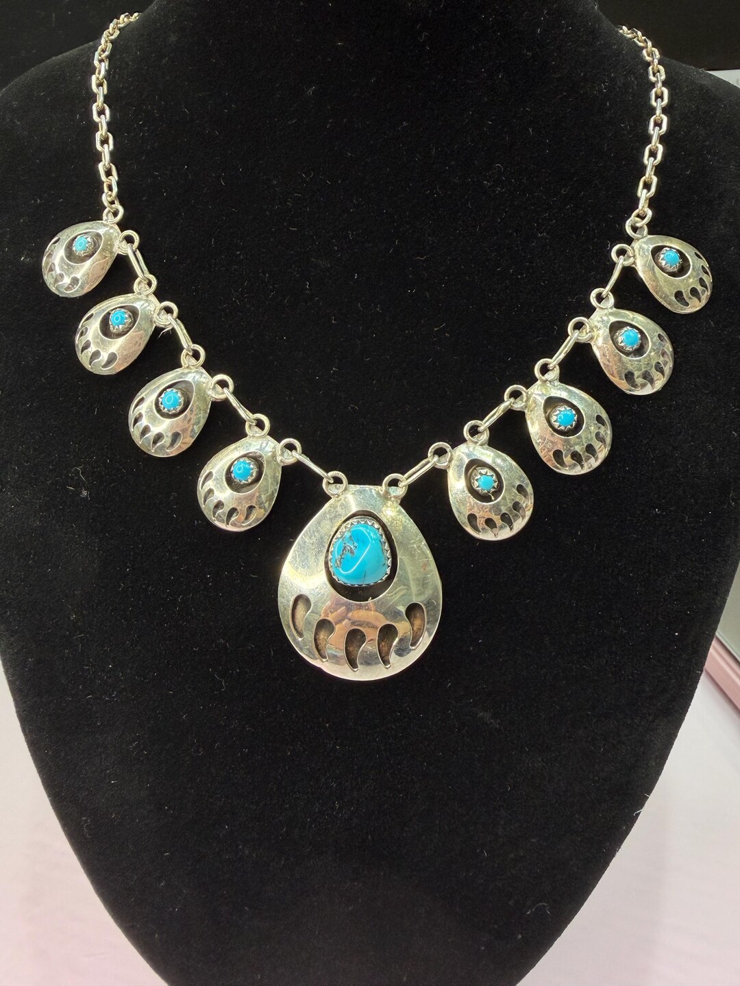 Native American Bear Paw Sterling Silver With Turquoise Necklace - Etsy