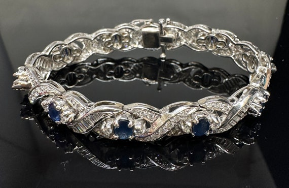 Exquisite SAPPHIRE & Diamond Bracelet 14k White G… - image 8