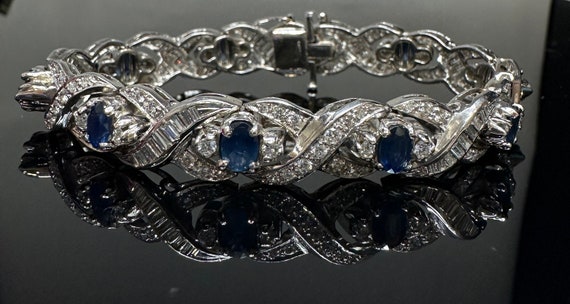 Exquisite SAPPHIRE & Diamond Bracelet 14k White G… - image 4