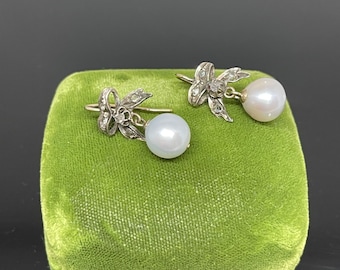 ANTIQUE 14 Gold + Silver Plated Pearl & Diamond Earrings 1850's