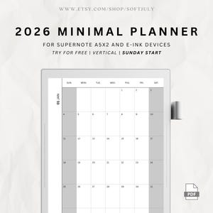 2026 Supernote A5X2 Minimalist Planner | Vertical Layout (PDF) | Sunday Start