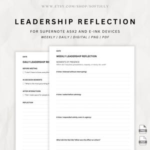 Puede incluir: Plantilla digital de Reflexión de Liderazgo para Supernote A5X2 y dispositivos de tinta electrónica. Incluye indicaciones diarias y semanales para la reflexión. El diseño es en blanco y negro, con espacio para notas.