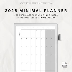 Planificador minimalista Supernote A5X2 2026 / Diseño vertical (PDF) / Inicio lunes