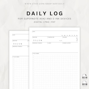 May include: Two digital daily log templates for Supernote A5X2 and e-ink devices. The templates include sections for date, weather, temperature, and a to-do list. The design is minimalist with a grid for notes and a section for meals.