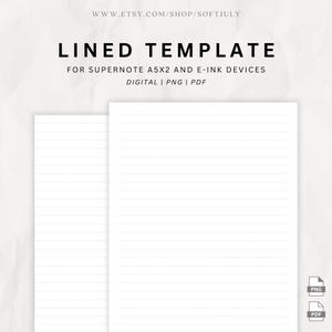 Op de afbeelding: Twee lege, gelinieerde pagina's voor een digitaal notitieboek, geschikt voor Supernote A5X2 en e-ink-apparaten. De pagina's zijn in digitaal PNG- en PDF-formaat.