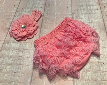 Baby Bloomer Set, Pink Chiffon Ruffle Bloomer and Headband, Vintage Pink Bloomer, Photo Prop Set, Newborn Bloomer, Ruffle Diaper Cover