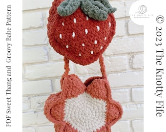 Sweet Thang and Groovy Babe crochet purse patterns - bag - toddler - modern - crossbody - chunky - blanket yarn - flower - retro -strawberry