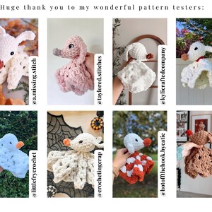 May include: A collage of ten crocheted amigurumi toys, each featuring a different character. The toys are made in various colors, including white, blue, pink, brown, and red. The toys are displayed on a variety of backgrounds, including a wooden table, a white wall, and a black and white patterned fabric.