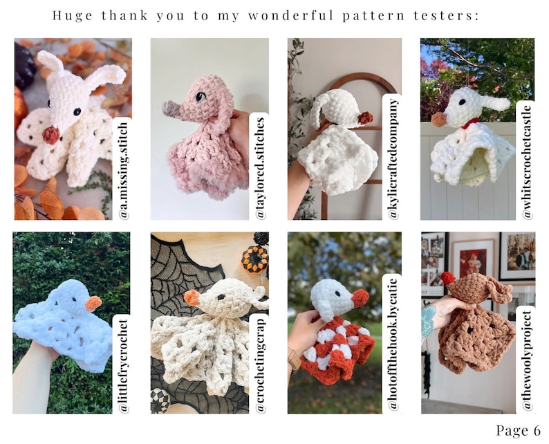 May include: A collage of ten crocheted amigurumi toys, each featuring a different character. The toys are made in various colors, including white, blue, pink, brown, and red. The toys are displayed on a variety of backgrounds, including a wooden table, a white wall, and a black and white patterned fabric.