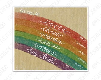 Waterproof Sticker - God Says I am - Square - Rainbow - Bible Verse - Sticker - Waterproof