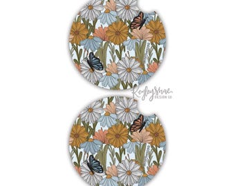 Car Coasters - Flowers Print - Butterflies