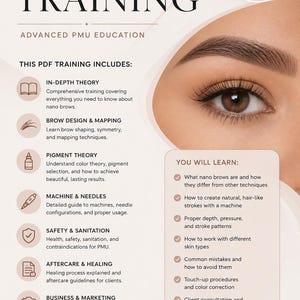 Pode incluir: Formação em PDF digital sobre Nano Brows, incluindo teoria, design, pigmentos, máquinas, segurança, pós-tratamento e negócios. A imagem mostra um olho e uma sobrancelha, com o texto "Nano Brow Training".