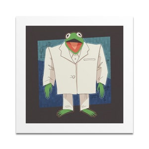 May include: A green frog wearing a white suit with a pocket on the left side. The frog is standing on a dark blue background with a light blue border.