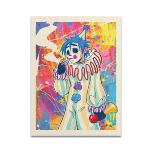 Könnte beinhalten: Illustration einer Figur in einem Clownkostüm mit blauen Haaren, die eine Zigarette raucht. Der Clownanzug ist gestreift mit bunten Akzenten. Der Hintergrund ist eine lebendige Mischung aus Farben, mit einer Trompete in der Hand.