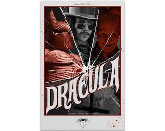 May include: A vintage-style poster for the movie Dracula, featuring a broken glass effect with images of the main characters. The title "Dracula" is in large, bold letters with a red and white color scheme. The poster also includes the text "A Francis Ford Coppola Film."