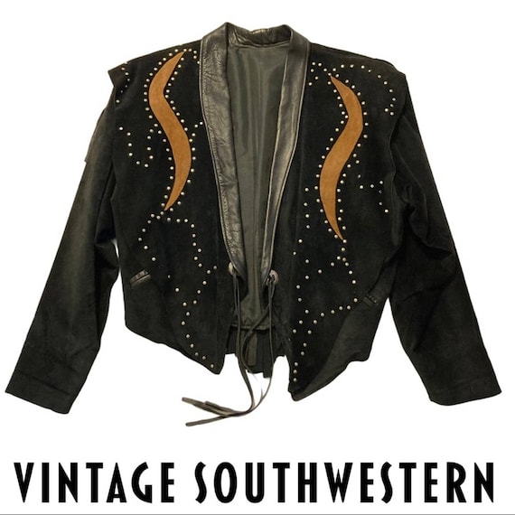 VTG Southwestern Leather Suede Fringe Jacket Black