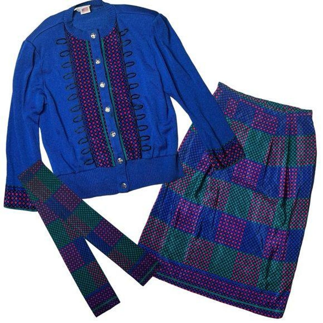 Vintage 80s Anthony Sicari Blue & Pink Geometric Sweater, Scarf, Skirt ...