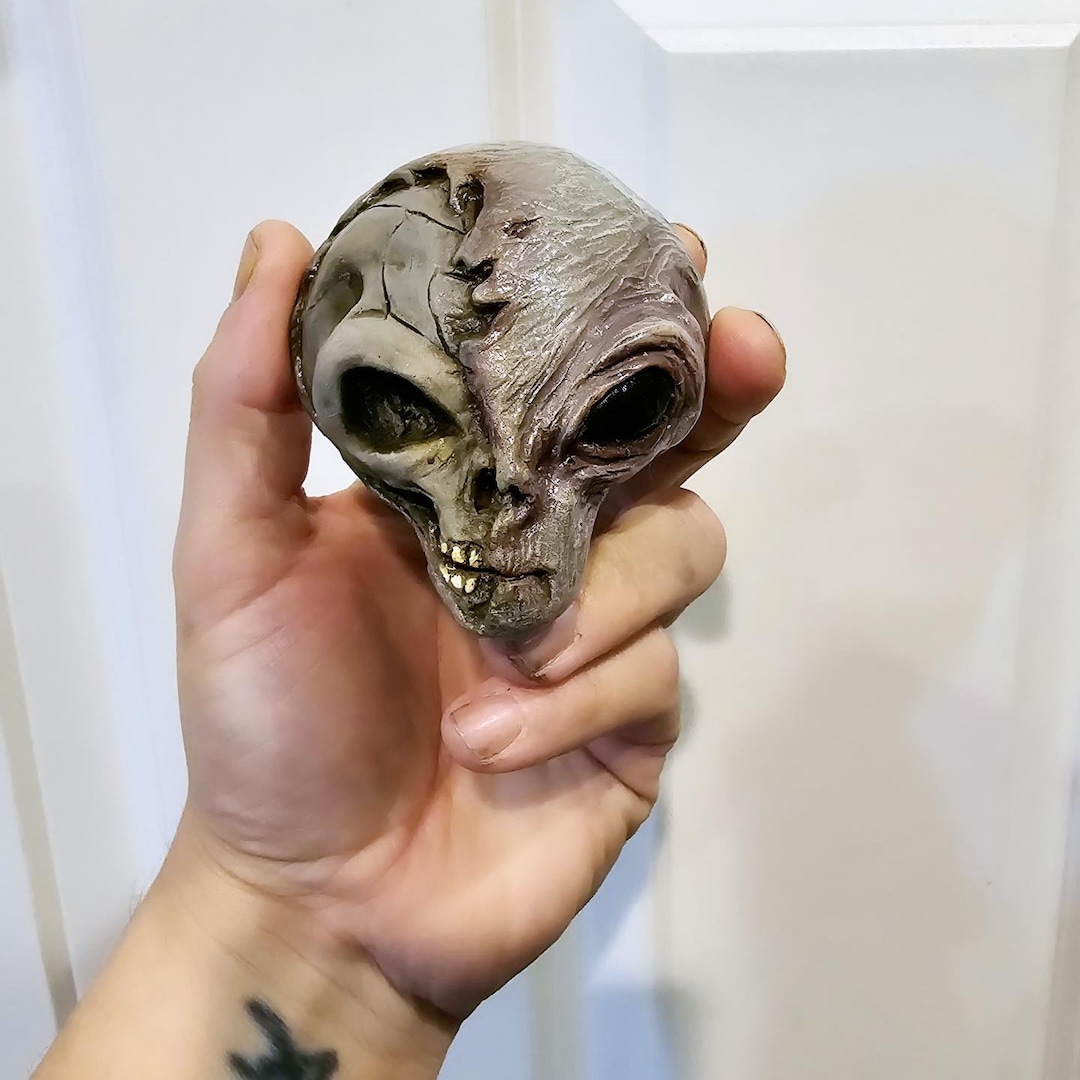 Half Face Skull Grey Alien 3 Resin Refrigerator Magnet Art Piece