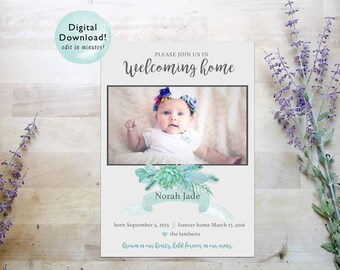 TÉLÉCHARGEMENT INSTANTANÉ Annonce d'adoption / baby shower / invitation de bébé / bienvenue à la maison bébé / annonce de bébé / invitation succulente