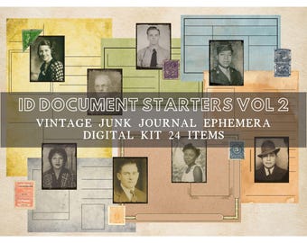 May include: A digital kit for vintage junk journals, featuring 24 items. The image displays a collage of vintage photographs, stamps, and aged paper backgrounds. Text on the image reads "ID DOCUMENT STARTERS VOL 2" and "VINTAGE JUNK JOURNAL EPHEMERA DIGITAL KIT 24 ITEMS."