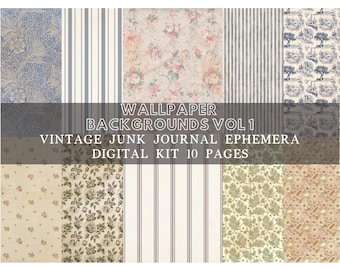 May include: A digital kit of 10 vintage wallpaper backgrounds for junk journaling. The backgrounds feature a variety of patterns, including floral, striped, and geometric designs.  The kit is titled "Wallpaper Backgrounds Vol 1 Vintage Junk Journal Ephemera Digital Kit 10 Pages".
