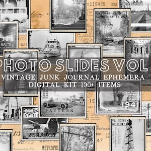 Slides de fotos vintage e itens efêmeros – Diário de 5 páginas para impressão | Etiquetas antigas, ingressos, colagem manchada de chá