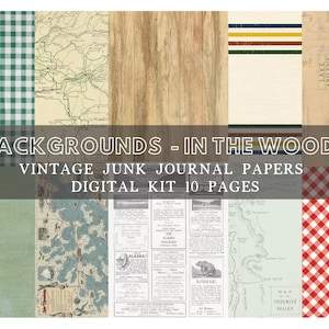 May include: A digital kit of vintage junk journal papers with various backgrounds. The image displays ten different paper designs, including maps, wood grain, gingham patterns, and text. The text on the image reads "BACKGROUNDS - IN THE WOODS" and "VINTAGE JUNK JOURNAL PAPERS DIGITAL KIT 10 PAGES."