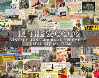 May include: A collage of vintage ephemera with a woodland theme. The image includes postcards, illustrations of a bear, a lake, and people fishing. Text includes "In the Woods," "Vintage Junk Journal Ephemera," and "Digital Kit 85+ Items."