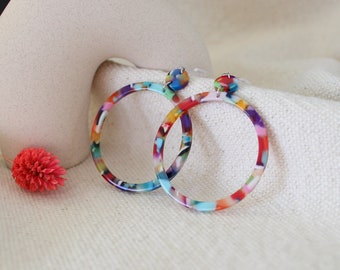MIRO | Multicolored hoop earrings | Invisible hooks or clips for non-pierced ears | Colorful Acrylic Resin Ring